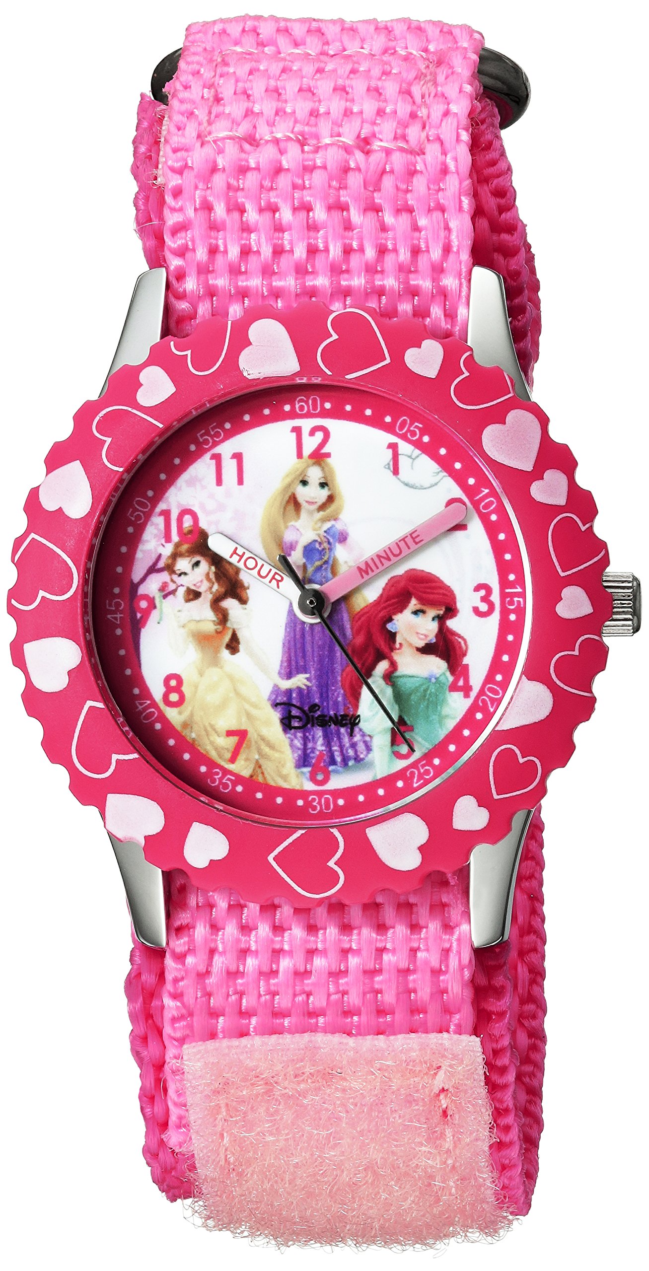 Disney Princess Kids' Bezel Stainless Steel Time Teacher Analog Nylon Strap Watch