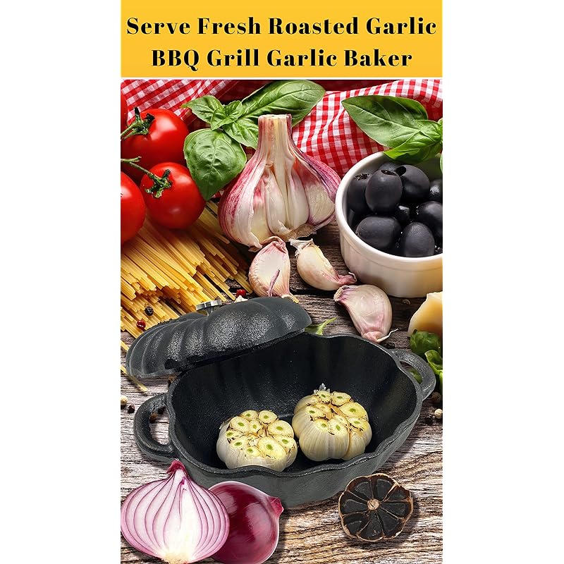 AOKDEER Garlic Roaster, Pre-Seasoned Cast Iron Garlic Roaster Oven Baker  and Garlic Presses Set for Kitchen, Pumpkin Soup Pot Casserole, BBQ Grill