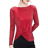 Women's Casual Glitter Mesh Top Boat Neck Long Sleeve Patchwork Blouses Elegant Formal Work Shirts Best Gift for Mom Wife
