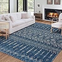 ReaLife Machine Washable Area Rug - Living Room Bedroom Bathroom Kitchen Entryway Office - Non Slip Low Pile Stain Resistant Premium - Geometric Moroccan Tribal - Beau - Blue 5' x 7'