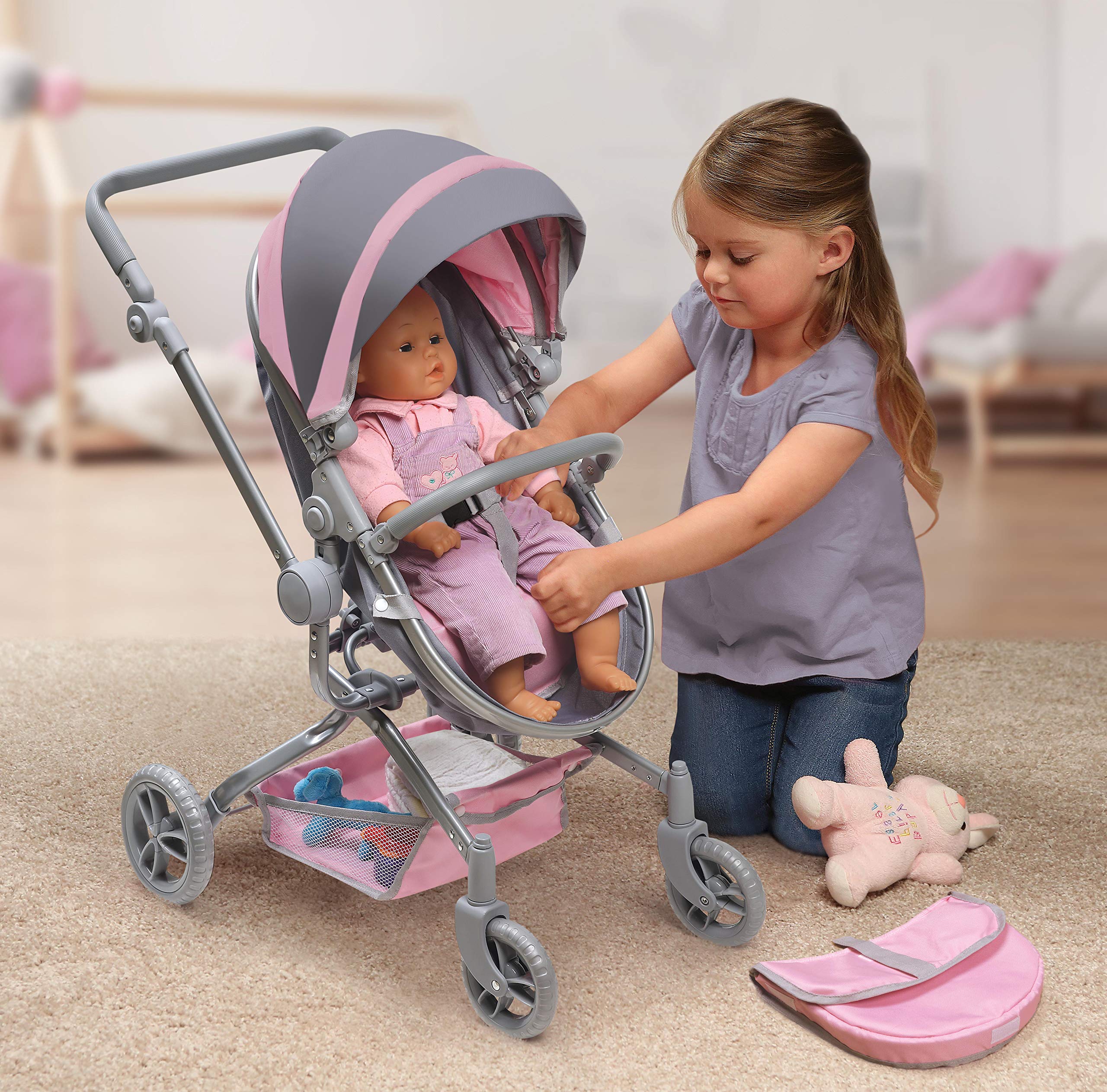 Badger Basket Toy Doll Daydream Multi-Function Pretend Play Pram & Stroller for 20 inch Dolls - Gray/Pink