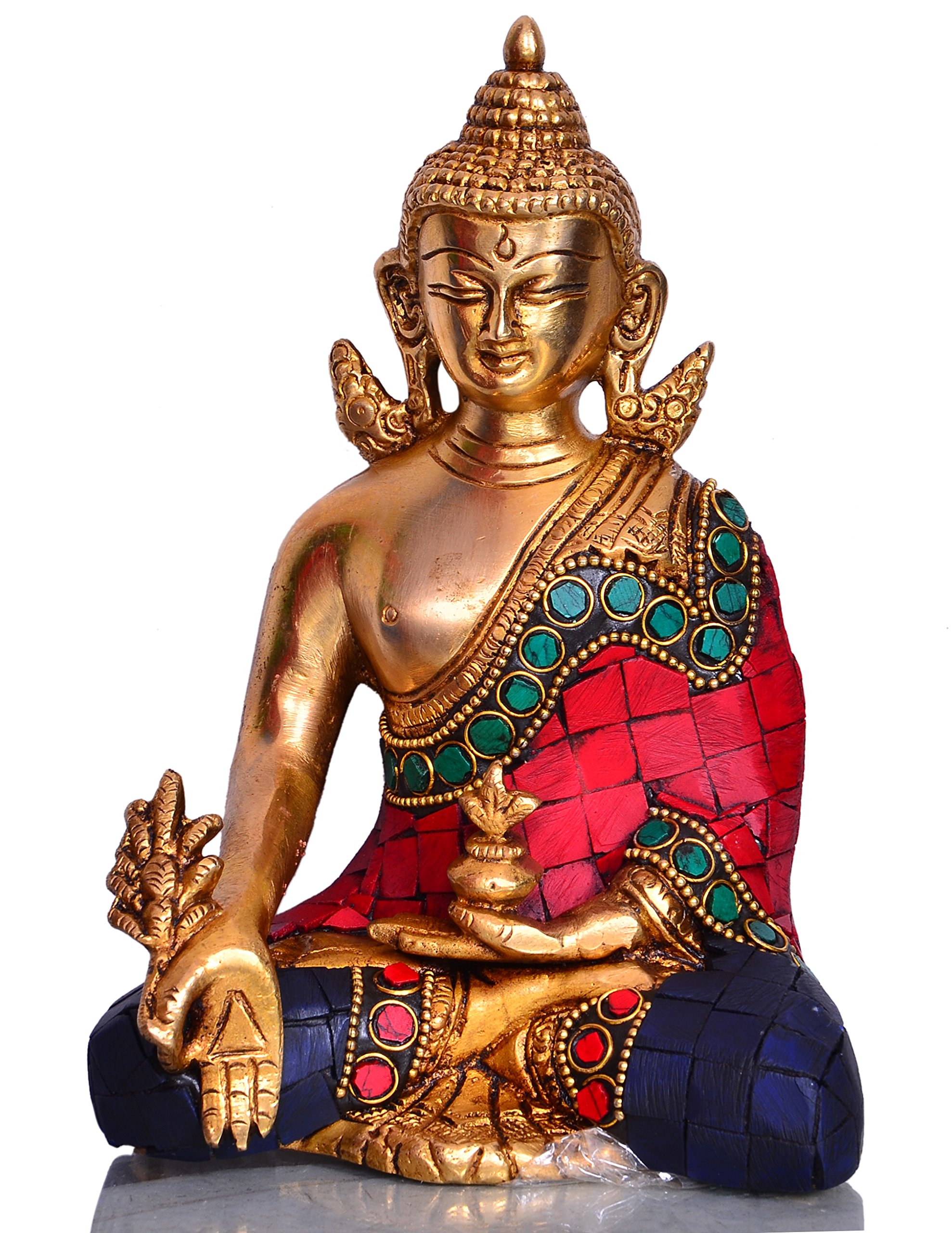 Purpledip Healing Medicine Lord Buddha in Solid Brass Metal with Turquoise Gem-Stone Work for Home Temple, Office Table or Shop Counter (10531)