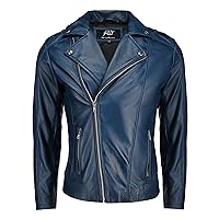 Jild Biker Style Genuine Leather Jacket Men - Vintage Look Asymmetric Zip-Up Hand Waxed Leather Lapel Style Motorcycle Jacket