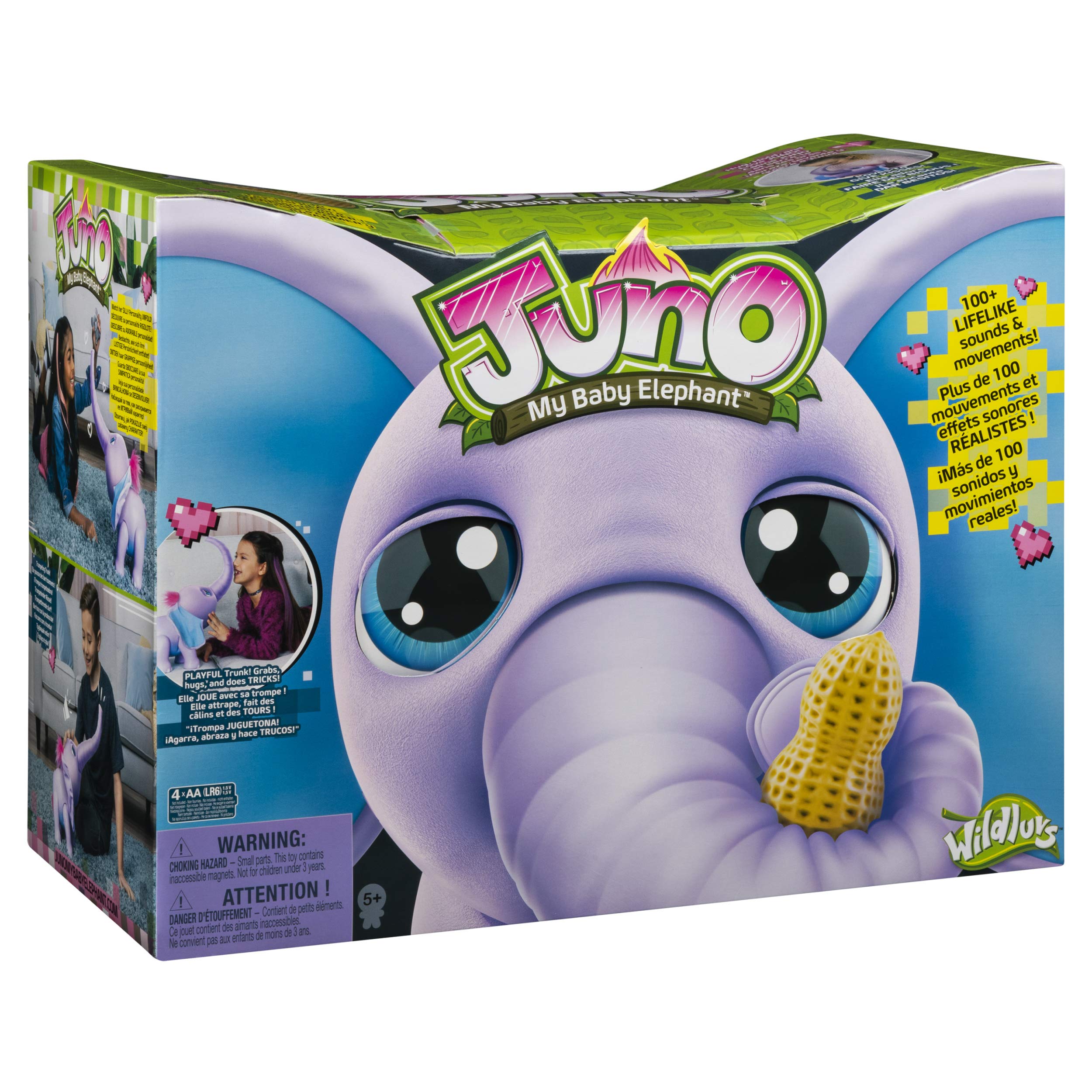 Juno 6047249 Wildluvs, Interactive Baby Elephant with Moving Trunk and Over 150 Sounds and Movements, Mixed Colours