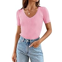 ZESICA Women's Short Sleeve V Neck T Shirts 2024 Summer Casual Ribbed Knit Slim Fit Solid Color Basic Tee Tops