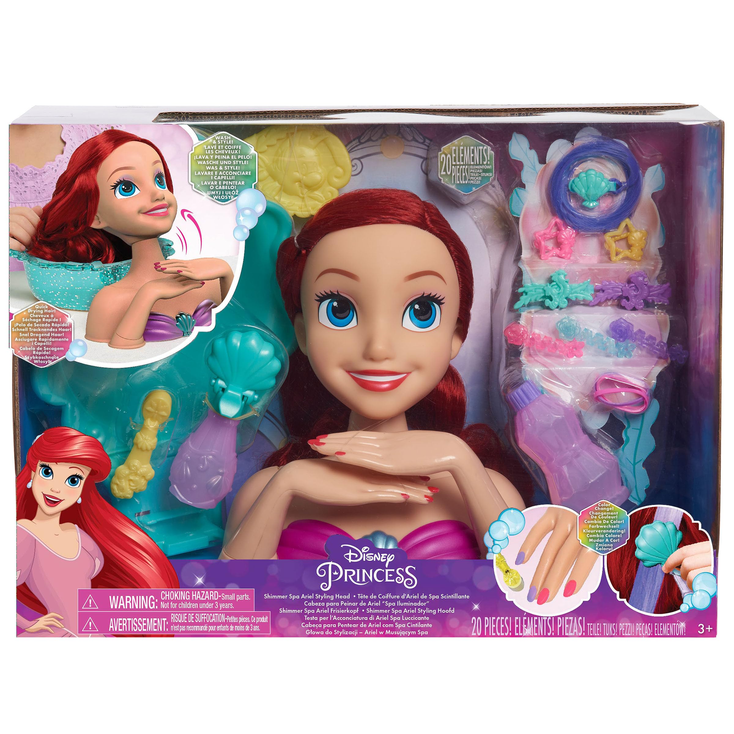 Disney Princess Shimmer Spa Ariel 8-inch Styling Head, 20-Pieces, Red Hair, Pretend Play, Officially Licensed Kids Toys for Ages 3 Up by Just Play