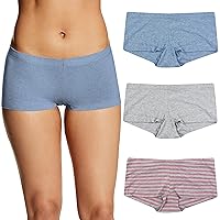 Maidenform Underwear, Cotton Boyshort Panties for Women, Assorted Colors, 3-Pack, Denim Heather/Grey Heather/Pink Stripe