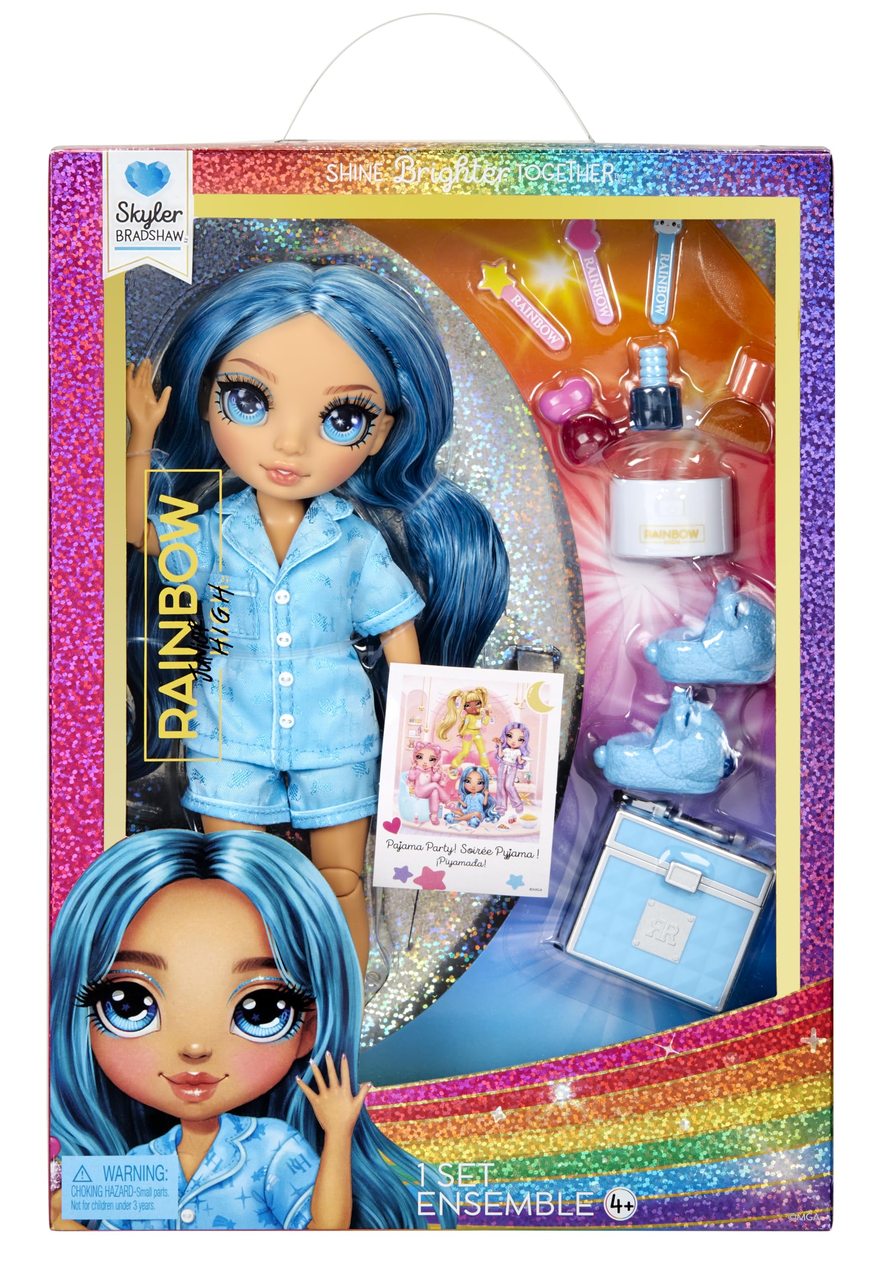 Rainbow High Jr High PJ Party-Skyler (Blue) 9” Posable Doll with Soft Onesie, Slippers, Play Accessories, Kids Toy Ages 4-12 Years