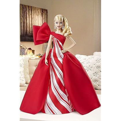 Barbie 2019 Holiday doll, 11.5-inch, Blonde, Wearing Red and White Gown, with Doll Stand and Certificate of Authenticity