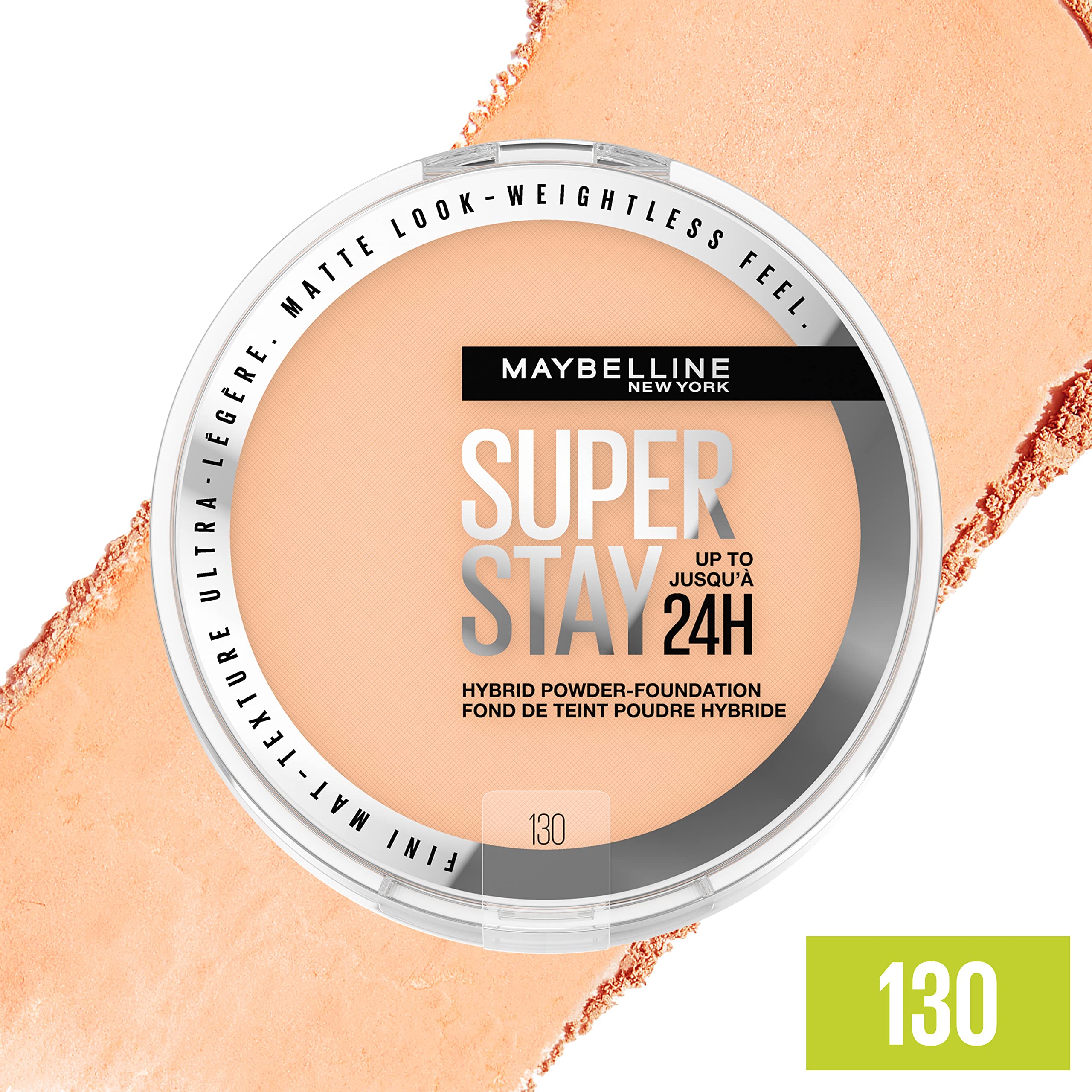 Maybelline New York Super Stay Up to 24HR Hybrid Powder-Foundation, Medium-to-Full Coverage Makeup, Matte Finish, 130, 1 Count