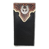 Premium Western Men's Faux Leather Ostrich/Crocodile Metal Star Emblem Tooled Long Wallet checkbook in Multi-color (Tooled leather Brown)
