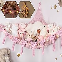 Macrame DreamLights Boho Storage Net for Stuffed Animals (Extra Large) and Hammock for Small Plushies. Plush Pink Toy Storage Holder
