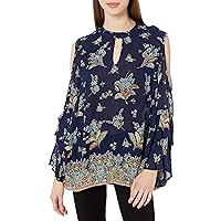 Angie Women's Long Navy Printed Keyhole Cold Shoulder Top