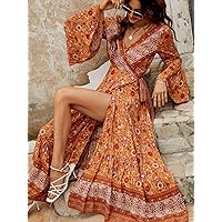 Women's Dress Floral Print Bell Sleeve Tie Front Wrap Dress (Color : Orange, Size : X-Small)