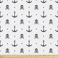 Ambesonne Anchor Fabric by The Yard, Anchors and Skulls Crossed Bones Dots Pirate Horror Fear Seaman Illustration Art, Decorative Fabric for Upholstery and Home Accents, 1 Yard, Navy Blue