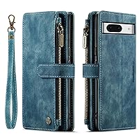 Wallet Case for Google Pixel 8A,Premium Retro Leather All-Round Zipper Pocket Kickstand Flip Case with 10 x Card Slots Blue