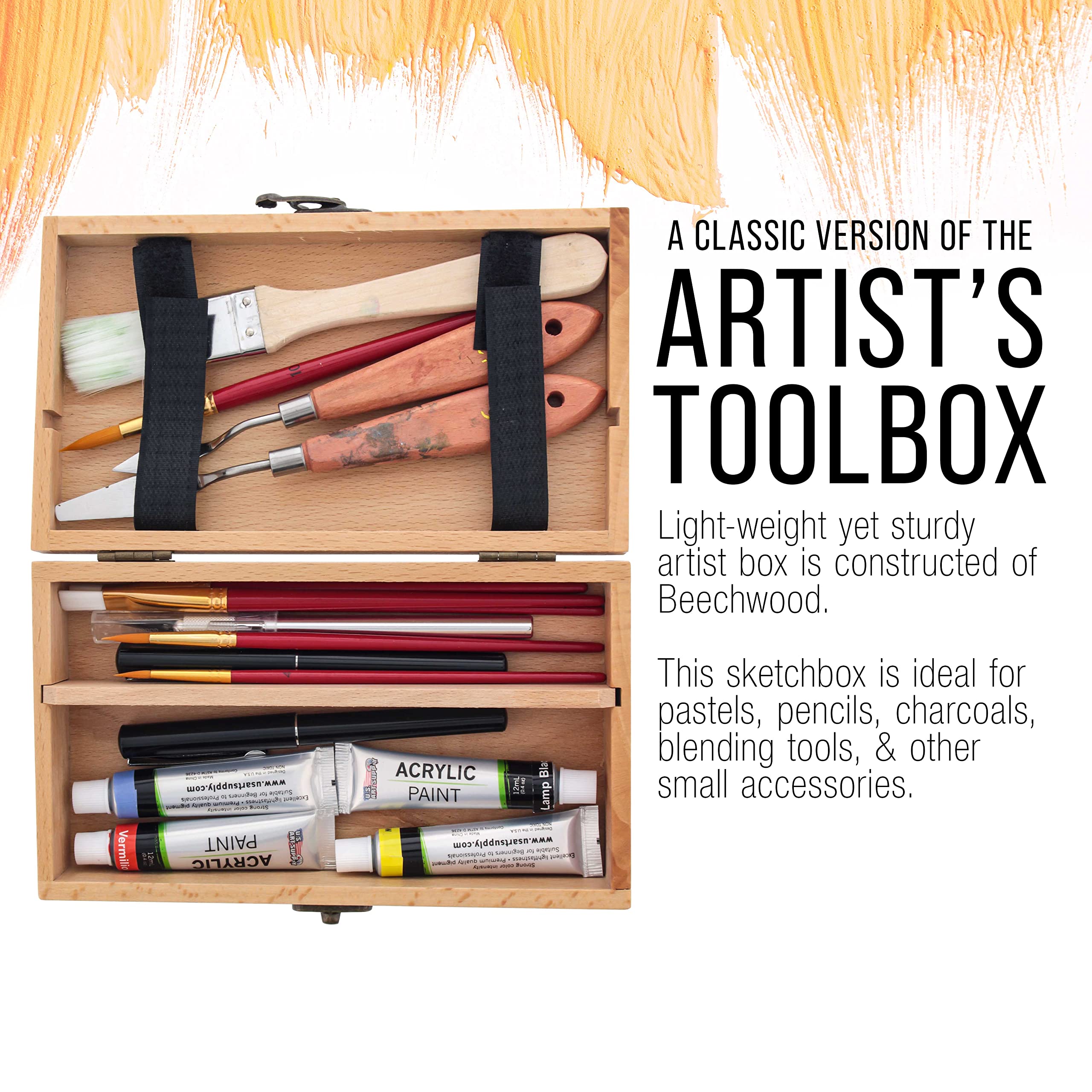 US Art Supply Small Beechwood Artist Tool and Brush Storage Box with Locking Clasp