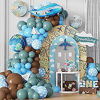 PageebO Travel Themed Party Balloon Arch Kit 131pcs Dusty Blue Coffee Balloon with Globe Plane Aluminium Balloon for Time Flies 1st Birthday Party Birthday Party Retirement Farewell Party decorations