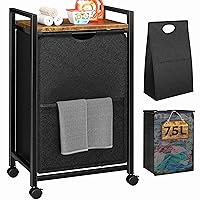 Tall Laundry Hamper with Lid and Wheels - Metal Laundry Basket with Shelf for Small Spaces Bedroom Aesthetic Rolling Laundry Bin Covered Removable Bag Storage Dirty Clothes Laundry Station Rustic 75L