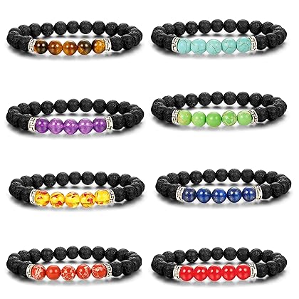 LOLIAS Chakras Bracelet 8 Pack Bead Gemstone Bracelet for Men Women Natural Stone Diffuser Bracelet Stretch Yoga Bracelets
