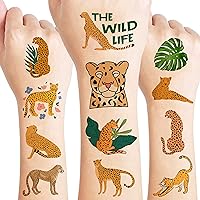 8 Sheets (96PCS) Cheetah Tattoos Temporary Jungle Theme Birthday Party Supplies Favors Decorations Tattoo Stickers For Boys Girls Gifts Classroom School Prizes Rewards