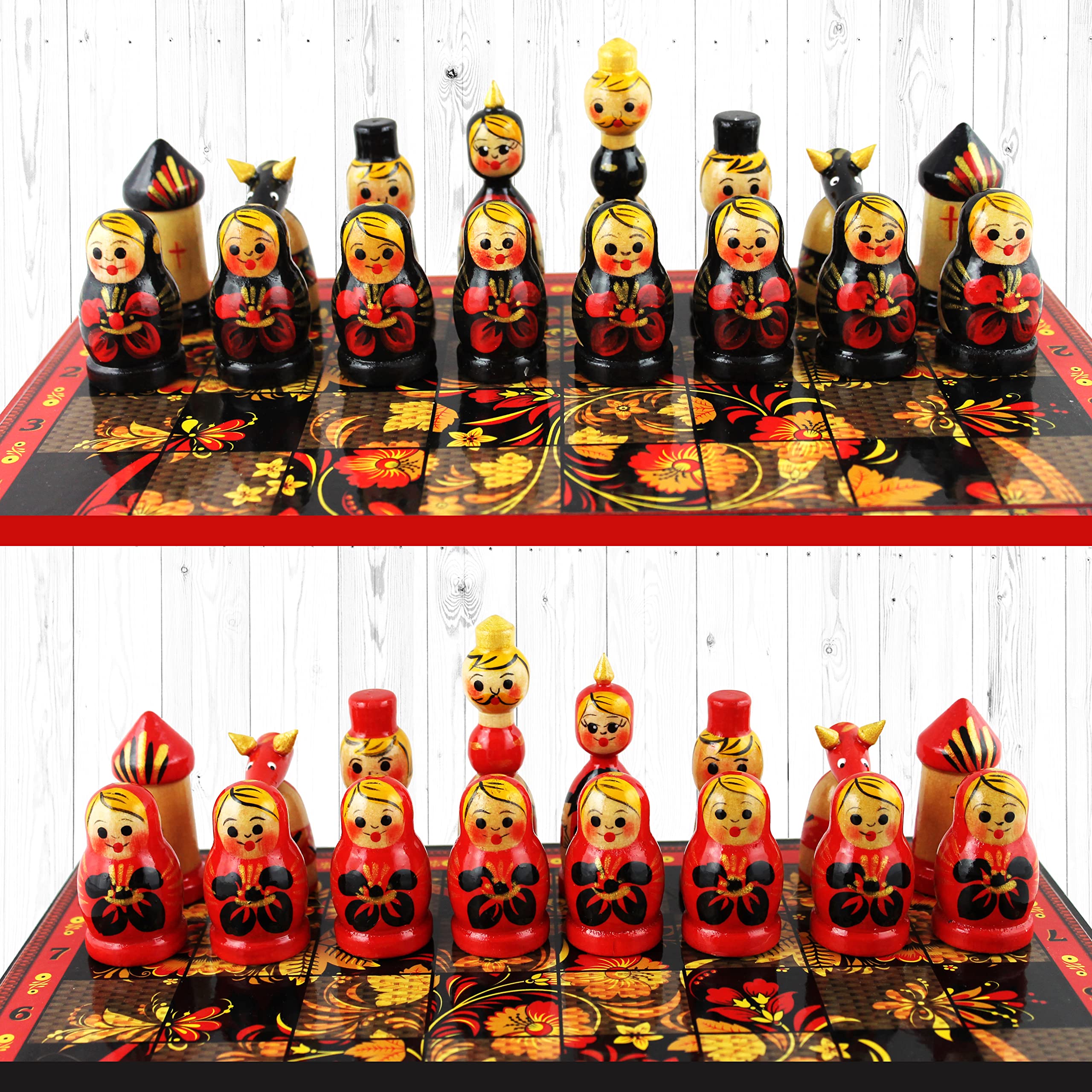 Souvenir Chess Set Russian Folk Art Khokhloma - Handcrafted Chess Pieces as Matryoshka Dolls - Unique Chess Sets - Family Board Games - Chess Gifts