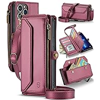 Crossbody for iPhone 13 Pro Max Phone Case Wallet【RFID Blocking】with 10-Card Holder Zipper Bills Slot, Soft PU Leather Magnetic Wrist Strap for iPhone 13 Pro Max Case Wallet for Women,WineRed