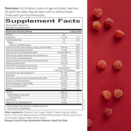 SmartyPants Kids Formula Daily Gummy Multivitamin: Vitamin C, D3, and Zinc for Immunity, Gluten Free, Omega 3 Fish Oil, Vitamin B6, Methyl B12, Cherry Berry, 120 Count (30 Day Supply)