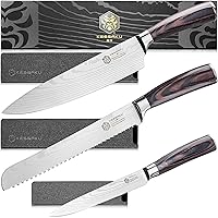 8-Inch Chef & 8-Inch Serrated Bread & 5.5-Inch Utility Knife Set - Samurai Series - Forged High Carbon 7Cr17MoV Stainless Steel - Pakkawood Handle with Blade Guards