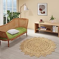 Handwoven 3ft Jute Area Rug Natural Fiber Round Boho Farmhouse Rustic Vintage Soft Braided Reversible EcoFriendly Rugs for Indoor Kitchen Bedroom Living Room Hallways (3' ft Round)