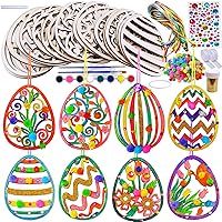 32 Sets Wooden Easter Ornaments Decorations DIY Easter Craft Kits Assorted Paintable Unfinished Wood Laser Cut Easter Egg Ornaments Pom-poms for Kids Easter Spring Classroom Home Activity Art Project