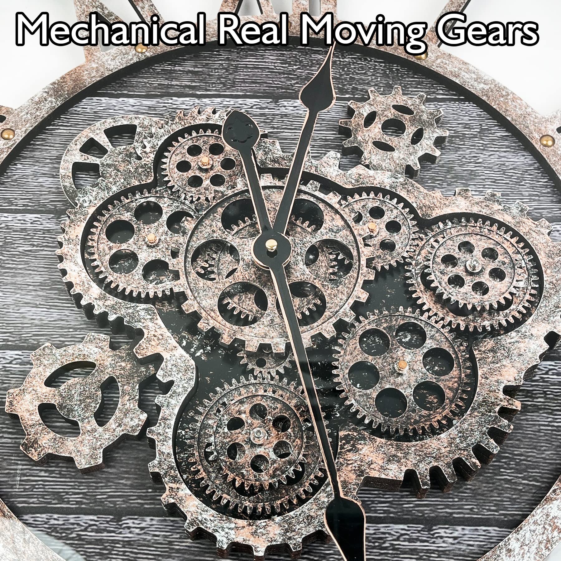 27 inch Large Real Moving Gears Wall Clock with Toughened Glass Cover Oversized Vintage Solid Wood Farmhouse Clock Giant Decorative Rustic Wall Clock