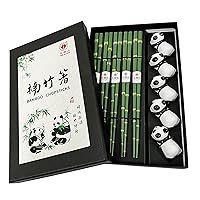 Wooden Chopsticks Reusable 5 Pairs Gift Set with 5pcs porcelain rest Panda and Green Bamboo Design Hand-Made 8.8 Inch/22.5cm