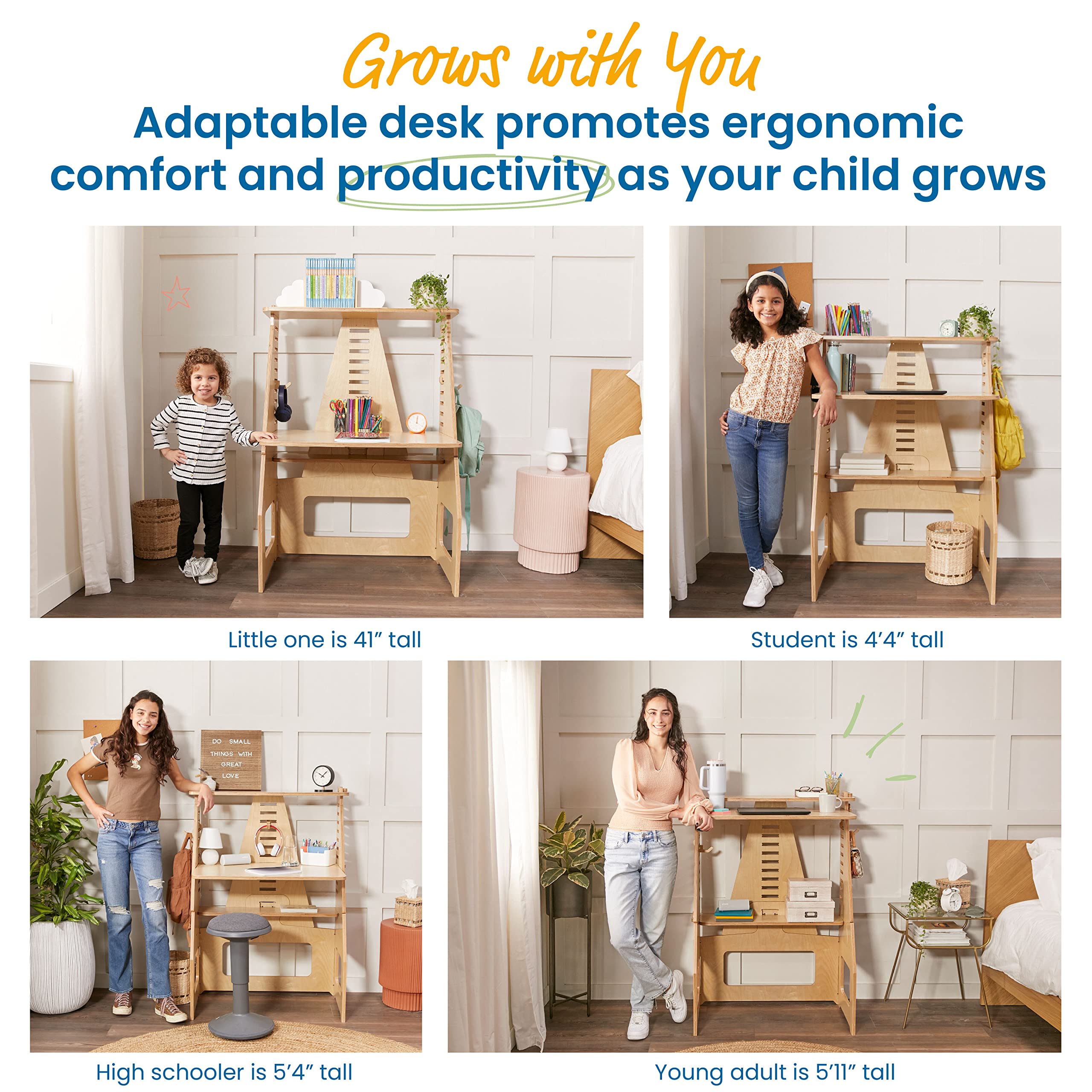 ECR4Kids Grows with Me Sit or Stand Desk, Kids Furniture, Natural