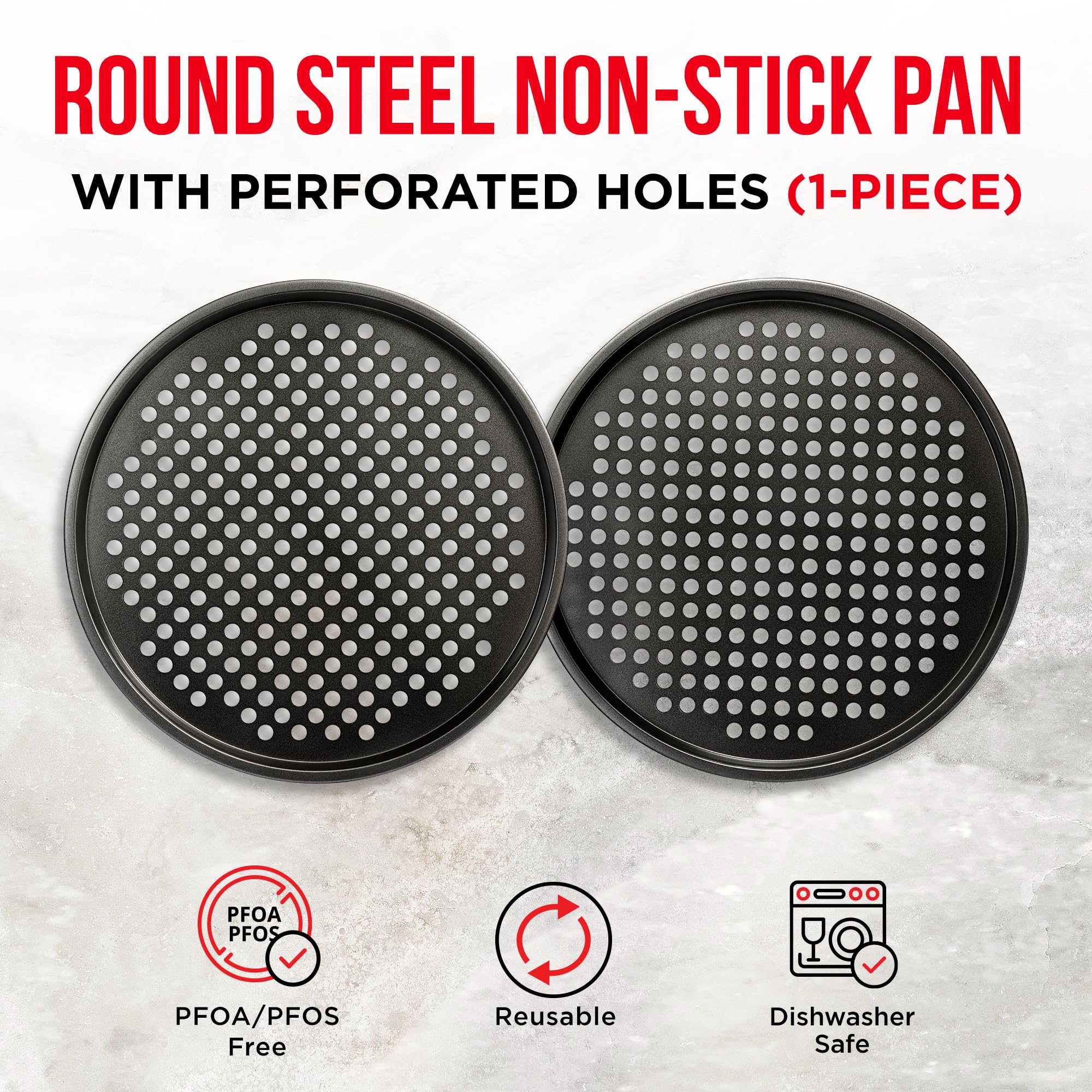 Bakken- Swiss Non-Stick Pizza Pan with Holes - 13-Inch Perforated Pizza Crisper Carbon Steel Pizza Pan - 2 Round Pizza Trays with Silicone Handles PFOA PFOS and PTFE Free