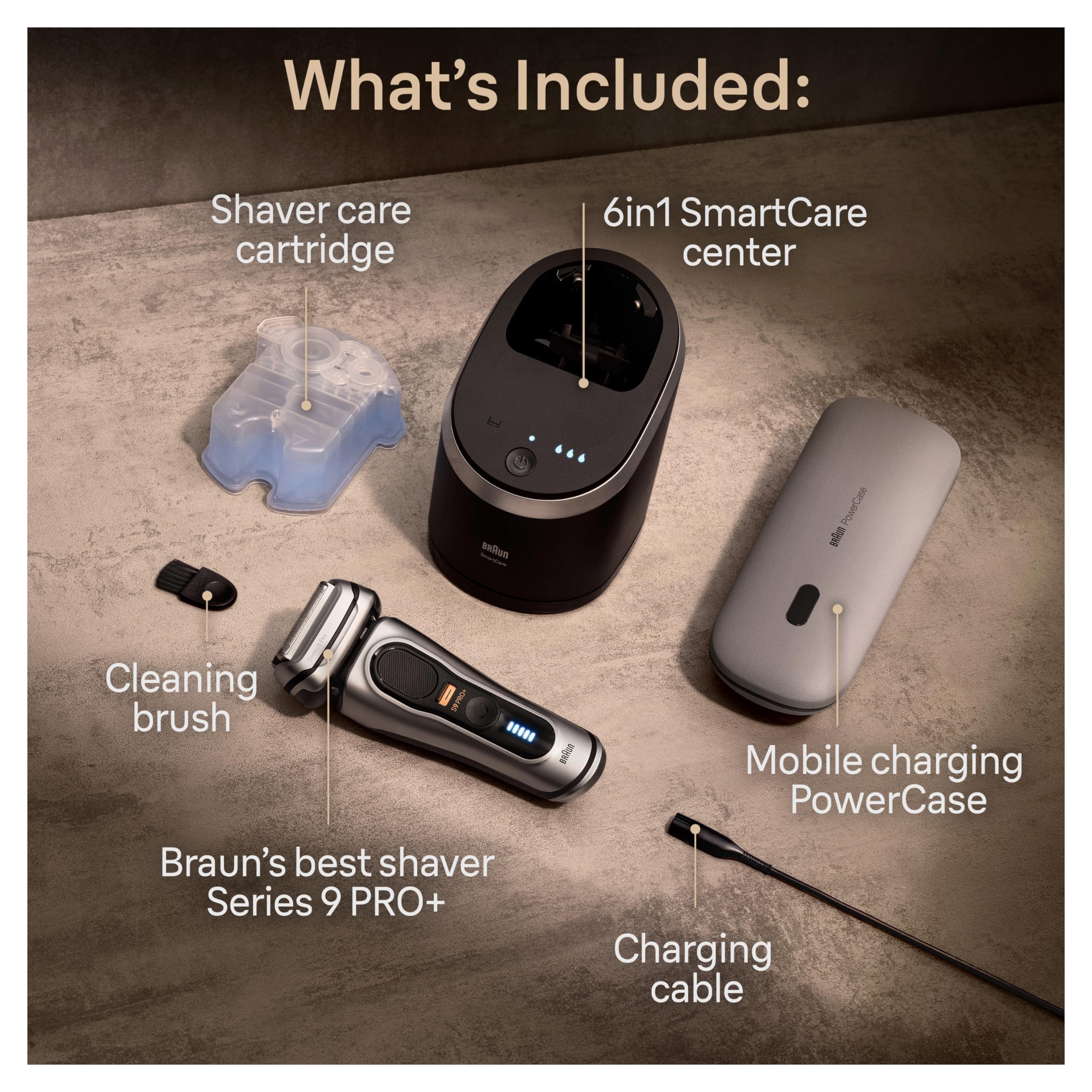 Braun Series 9 PRO+ Electric Razor for Men, 5 Pro Shave Elements & Precision Long Hair Trimmer, 6in1 SmartCare Center, PowerCase for Mobile Charging, Wet & Dry Electric Razor, 60min Battery Runtime