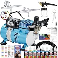 Master Airbrush Cool Runner II Dual Fan Air Compressor Professional Airbrushing System Kit with 3 Airbrushes, Gravity and Siphon Feed - 6 Primary Opaque Colors Acrylic Paint Artist Set - How to Guide