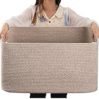 OIAHOMY 70L Large Cotton Rope Basket 22”x17”x12”, Woven Nursery Laundry Blanket Basket,Storage Basket with Handle,Brown variegated