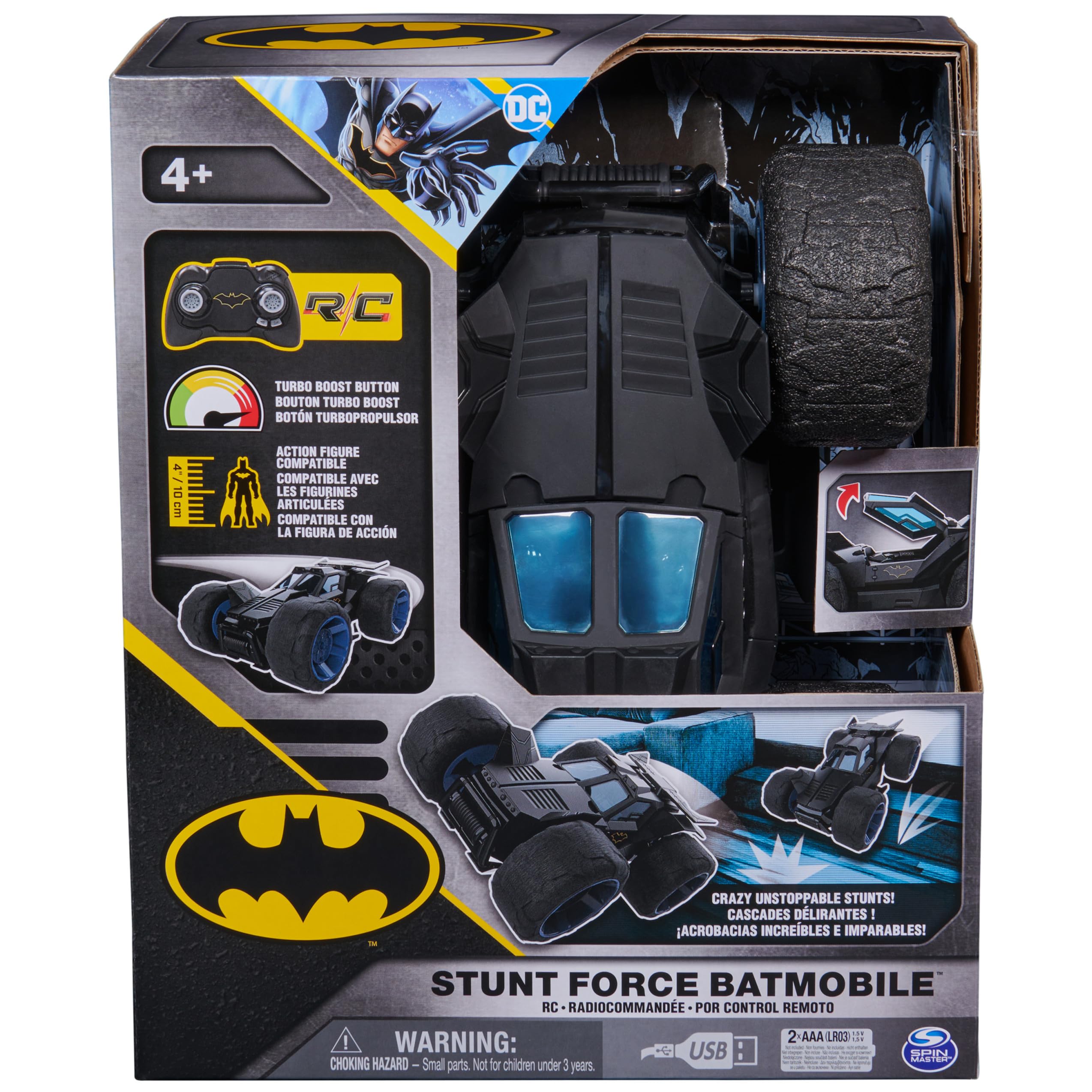 DC Comics, Batman Stunt Force Batmobile, Indoor Remote Control Car, Turbo Boost & Crazy Stunts, Collectible Super Hero Kids Toys for Boys and Girls 4+