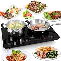 NutriChef Dual 120V Electric Induction Cooker - 1800w Portable Digital Ceramic Countertop Double Burner Cooktop w/ Kids Safety Lock - Works w/ Stainless Steel Pan / Magnetic Cookware