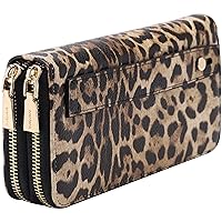 B BRENTANO Vegan Leather Double Zipper Pocket Wallet with Grip Hand Strap (Leopard)