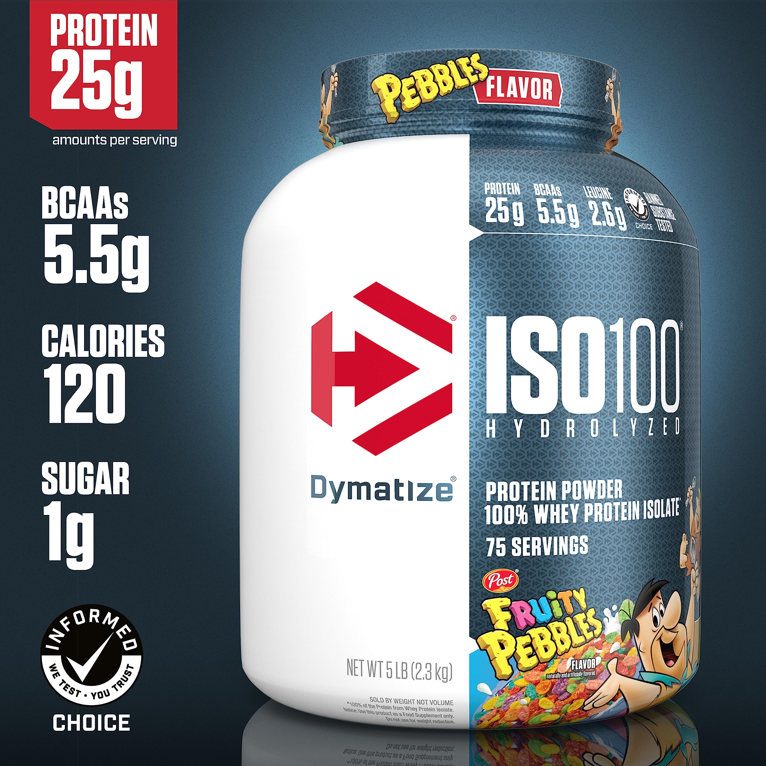 Dymatize ISO100 Hydrolyzed Protein Powder, 100% Whey Isolate, 25g of Protein, 5.5g BCAAs, Gluten Free, Fast Absorbing, Easy Digesting, Fruity Pebbles, 5 Pound