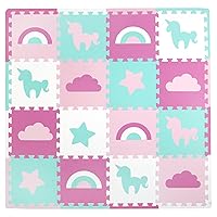 Tadpoles Rainbows and Unicorns Foam Playmats for Kids, 16 Interlocking Foam Tiles, Waterproof, Durable, & Long-Lasting | Total Floor Coverage 50” x 50” | for Ages 3 & Up | Pink, Blue, Purple, & White
