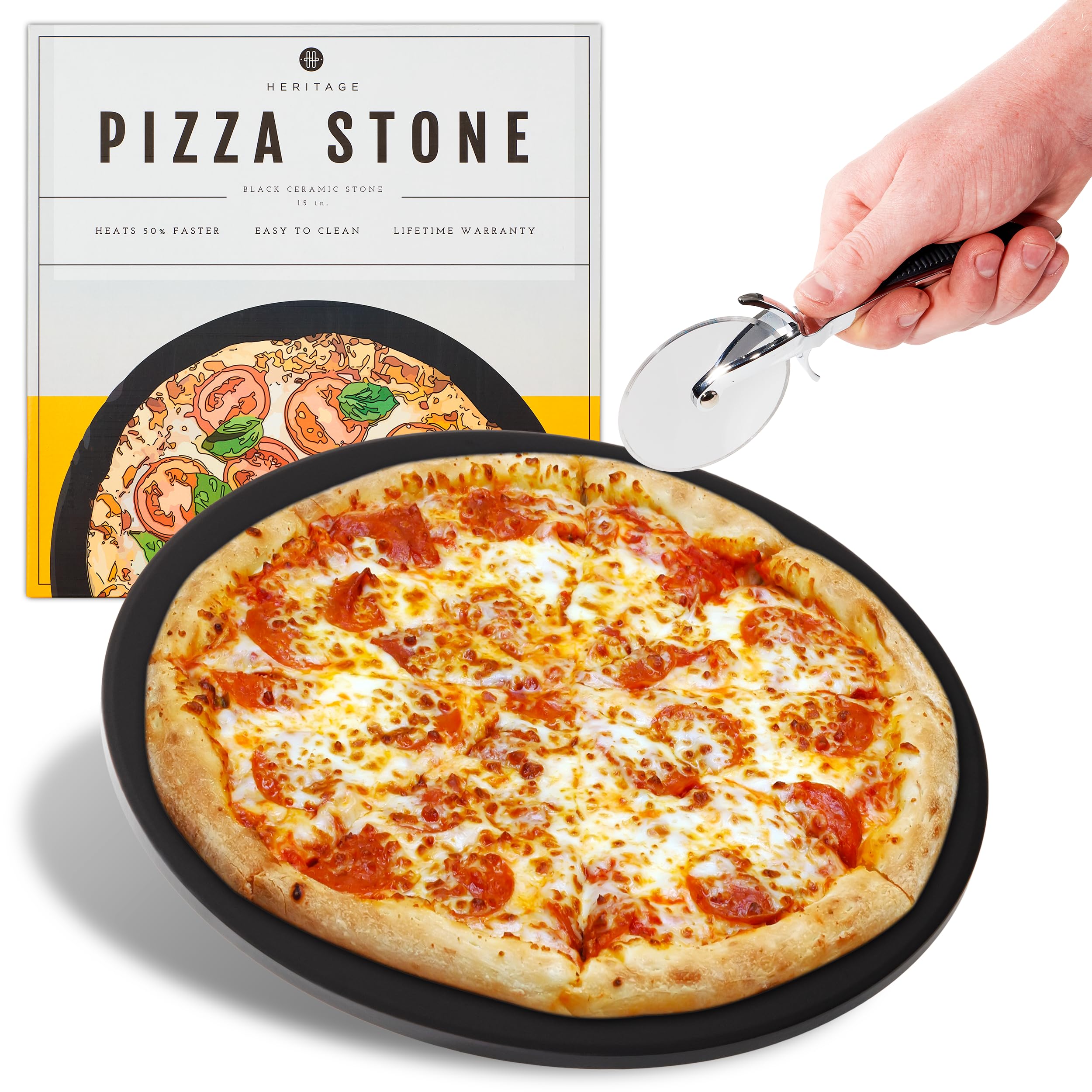 Heritage Pizza Stone, 15 inch Ceramic Baking Stones for Oven Use - Non-Stick, No Stain Pan & Cutter Set for Gas, BBQ & Grill - Kitchen Accessories & Housewarming Gifts w/Bonus Pizza Wheel - Black