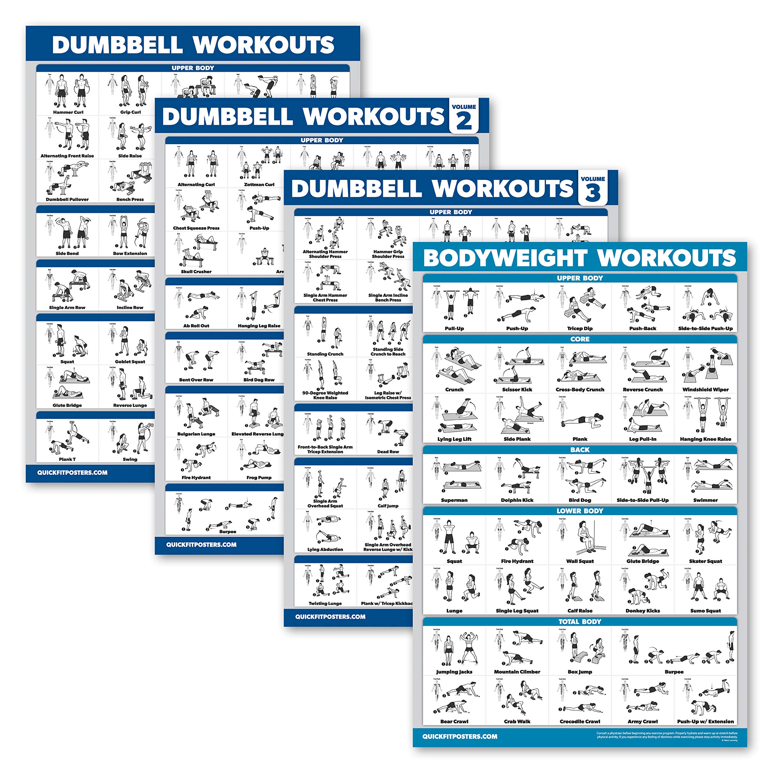 Palace Learning 4 Pack - Dumbbell Workout Posters Volume 1, 2 & 3 + Bodyweight Exercise Chart - Set of 4 Posters