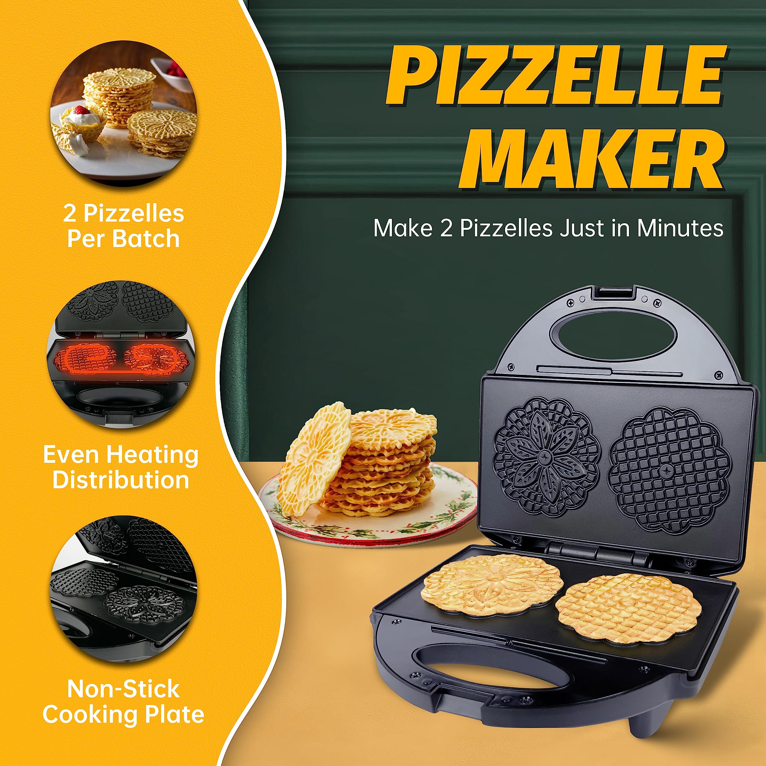 FineMade Pizzelle Maker with Non-Stick Coating, Electric Pizzelle Cookie Baker Press with Snowflake Pattern, Make Two 4 Inch Traditional Italian Waffle Cookies at Once, Recipe Included