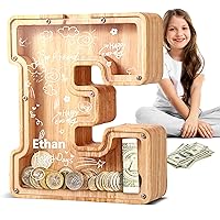 UBeesize Large Piggy Banks for Boys Girls，Twenty-Six English Alphabet,Wooden Personalized Bills and Coins Bank Money Bank,DIY Name Birthday Gift,Bedroom Living Room Decoration(E)