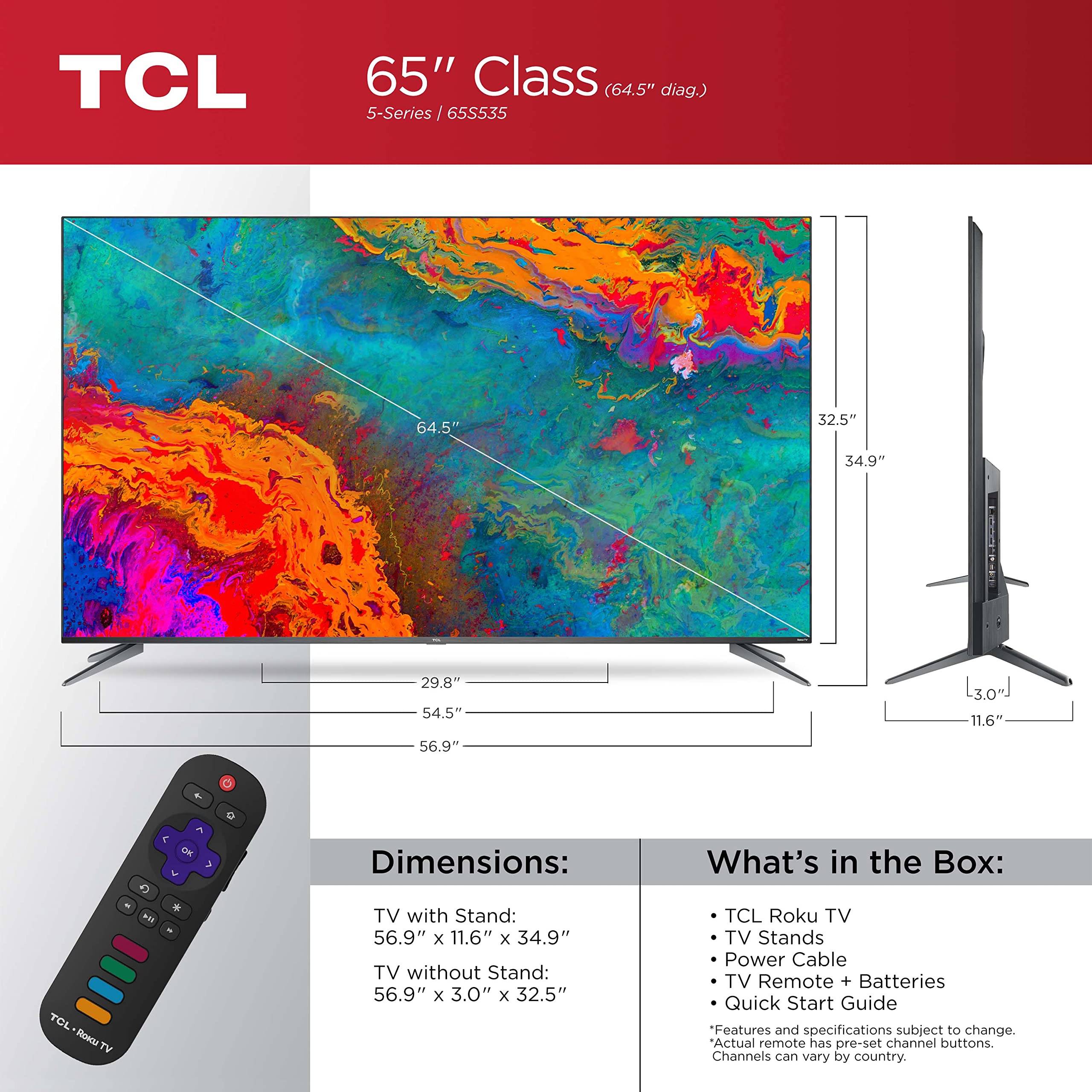 TCL 65-inch 5-Series 4K UHD Dolby Vision HDR QLED Roku Smart TV - 65S535, 2021 Model,Black