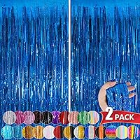 Blue Metallic Tinsel Foil Fringe Curtains, 2 Pack 3.3x8.3 Feet Streamer Backdrop Curtains for Birthday Party Decorations, Halloween Decor, Foil Curtain Backdrop for Bachelorette Party