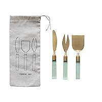 Bloomingville 7 Inches Stainless Steel Utensils with Resin Handles and Printed Drawstring Bag, Brass Finish and Green Cheese Knife